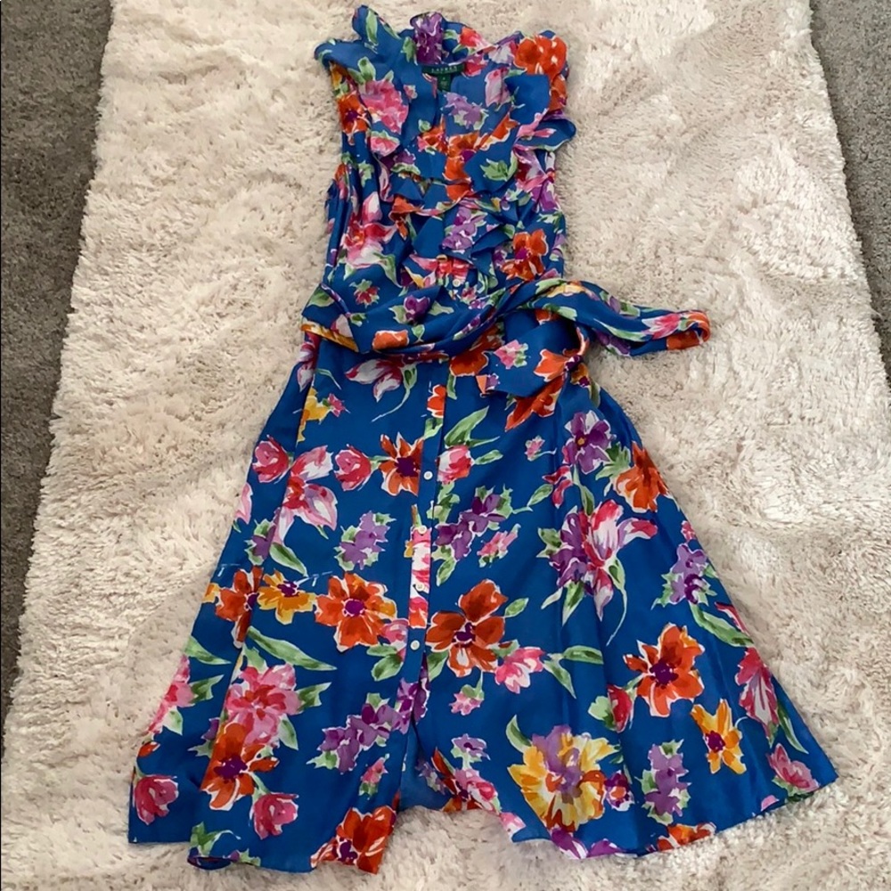Vintage Ralph Lauren 💯 silk button-ruffle front blue floral midi-dress